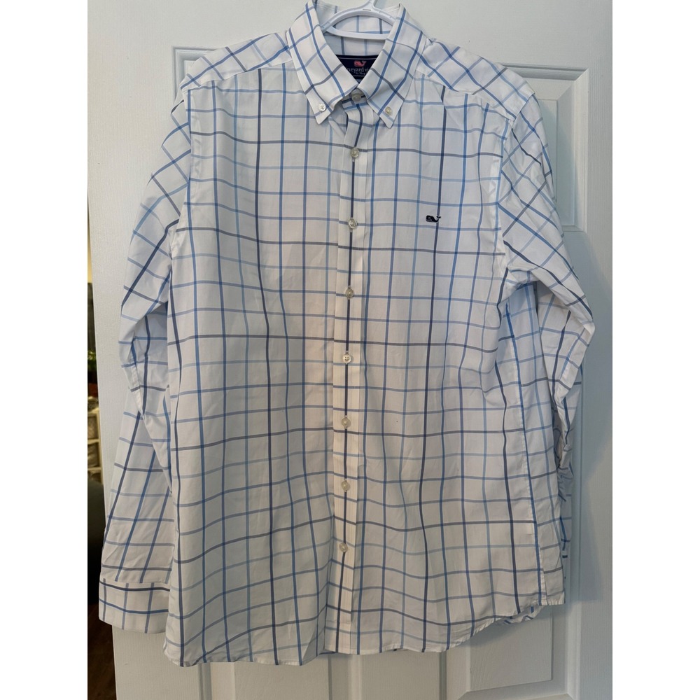 Vineyard Vines Slim Fit Whale Shirt M White Blue Plaid Button Down Long‎ Sleeve